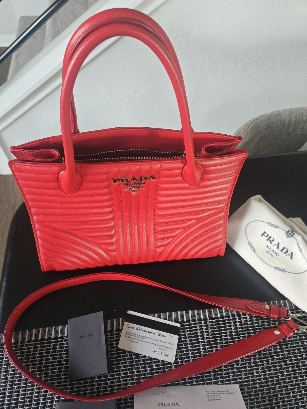 Prada Diagramme Convertible Tote – Red Calfskin Leather - Picture 3 of 17